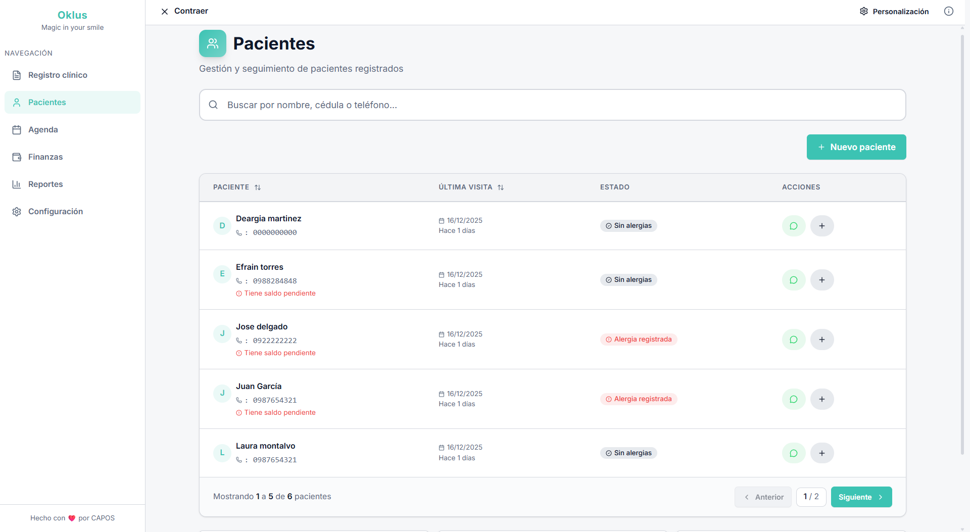 Vista de pacientes en Oklus