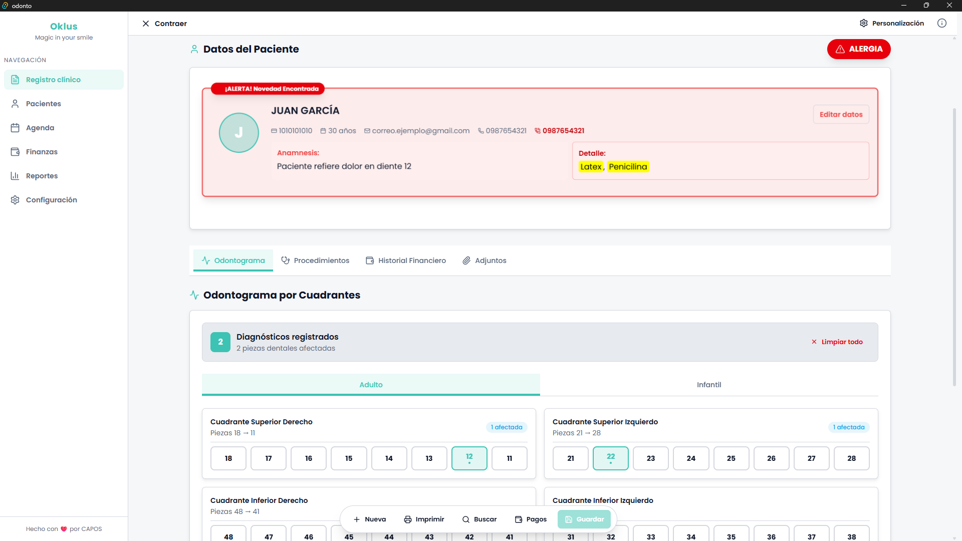Ficha del paciente en Oklus